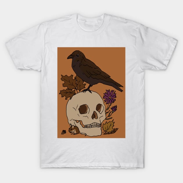 Fall Crow with Skull and Mouse Drawing T-Shirt by EmilyBickell